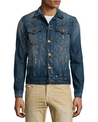True Religion Jimmy Western Style Distressed Denim Jacket Medium Blue