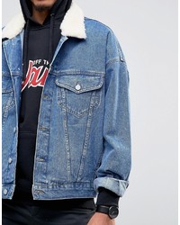 Asos Oversized Denim Jacket In Mid Blue Wash With Fleece Collar