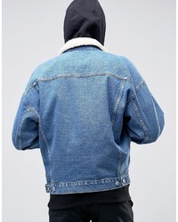 Asos Oversized Denim Jacket In Mid Blue Wash With Fleece Collar