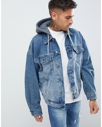 ASOS DESIGN Oversized Denim Jacket With Jersey Hood In Mid Wash