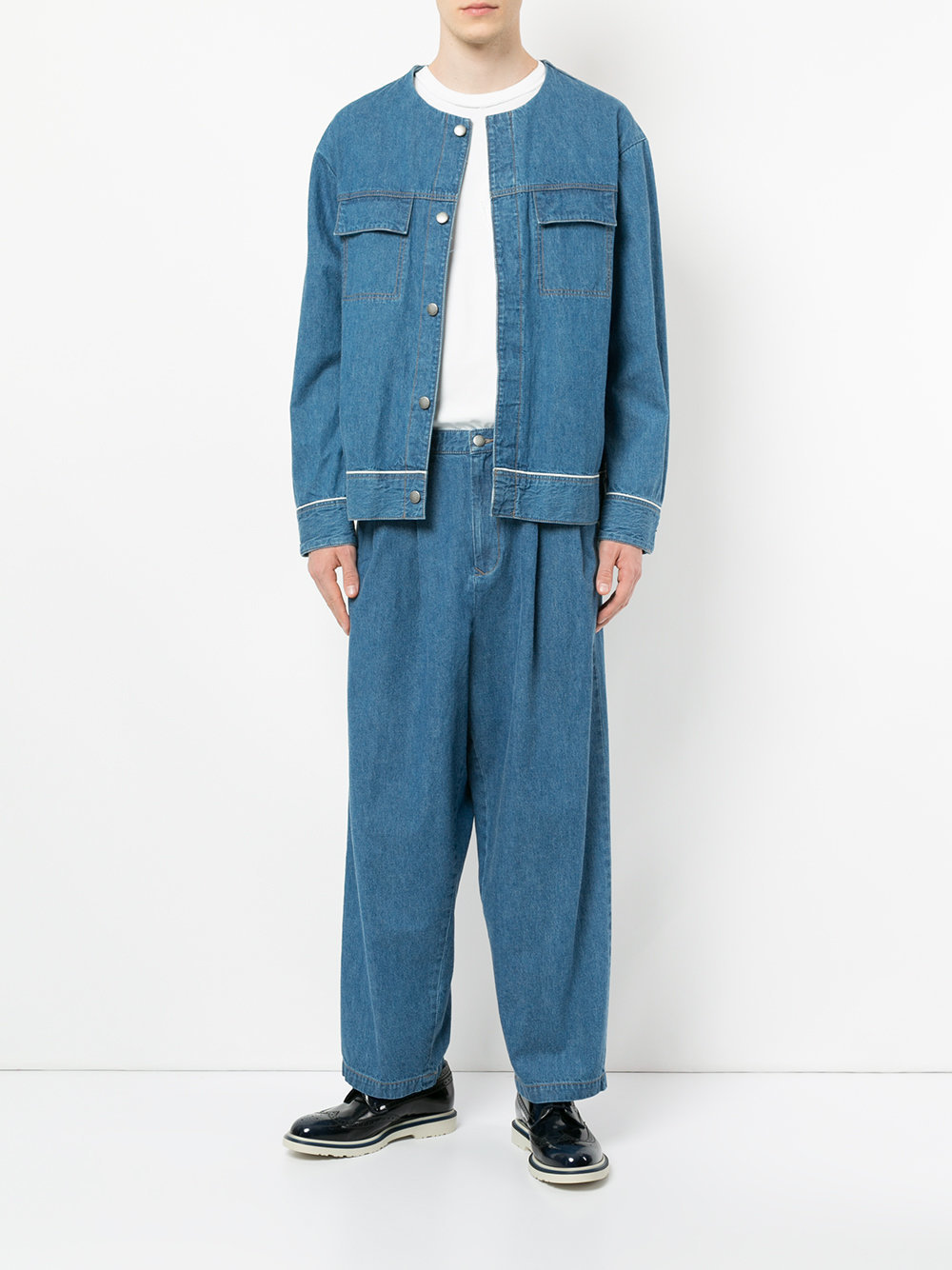 GUILD PRIME Round Neck Denim Jacket, $372 | farfetch.com | Lookastic