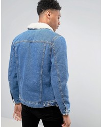 Asos Tall Denim Jacket With Fleece Collar In Mid Wash