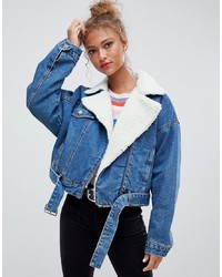 Pull&Bear Zip Front Denim Jacket With Borg Collar