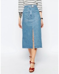 Asos Denim Midi Skirt With Patch Pockets In Mid Wash Blue