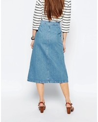 Asos Denim Midi Skirt With Patch Pockets In Mid Wash Blue