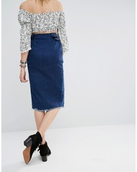 Glamorous Tall Wrap Denim Midi Skirt With D Rings And Frayed Hem