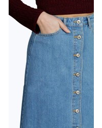 Boohoo Helen Raw Hem Button Through Denim Midi Skirt