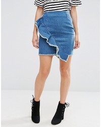 Asos Denim Mini Skirt With Raw Edge Ruffle In London Blue