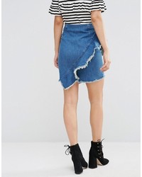 Asos Denim Mini Skirt With Raw Edge Ruffle In London Blue
