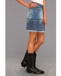 Stetson Denim Skirt With Raw Edge Embellished Front Back