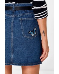 Boohoo Ria Button Through Embroidered Denim Mini Skirt