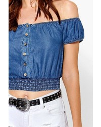 Boohoo Eve Button Front Off The Shoulder Denim Gypsy Top