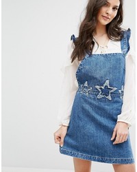 Mango Denim Overall Dress With Stars Embroidery