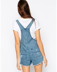 Asos Collection Denim Overall Short In Vintage Mid Wash With Raw Hem