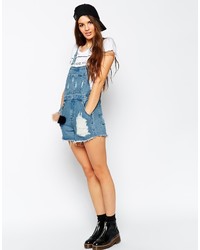 Asos Collection Denim Overall Short In Vintage Mid Wash With Raw Hem