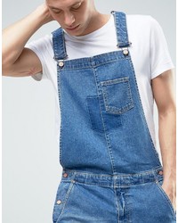 Asos Denim Overalls With Abrasions And Raw Hem In Mid Blue