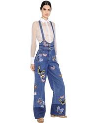 Valentino Butterfly Patches Cotton Denim Overalls