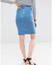 Asos Denim Pencil Skirt With Zip Back In Mid Wash Blue