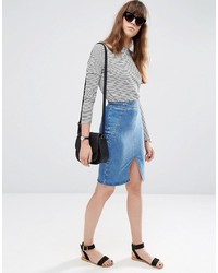 Asos Denim Pencil Skirt With Zip Back In Mid Wash Blue