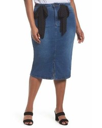 Lost Ink Denim Pencil Skirt With Dobby Ties
