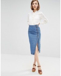 Lost Ink Denim Pencil Skirt With Side Button Detail