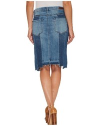 Blank NYC Novelty Denim Pencil Skirt With Seaming Detail Contrast Of Denim Washes In High And Low Skirt