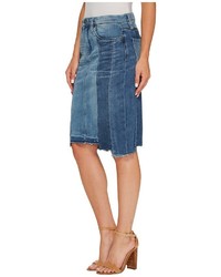 Blank NYC Novelty Denim Pencil Skirt With Seaming Detail Contrast Of Denim Washes In High And Low Skirt
