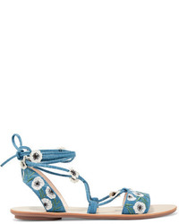 Loeffler Randall Fleura Embroidered Denim Sandals Blue