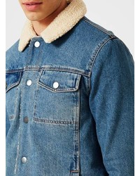 Topman Blue Faux Shearling Collar Denim Jacket
