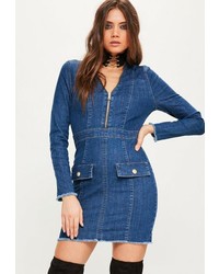 Missguided Premium Blue Fitted Zip Denim Blazer Dress
