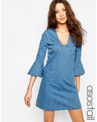 Asos Tall Denim Mini Shift Dress With Frill Sleeves In Lightwash Blue