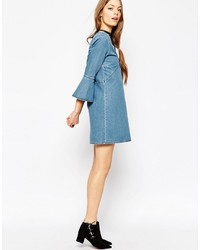 Asos Collection Denim Mini Shift Dress With Frill Sleeves In Lightwash Blue