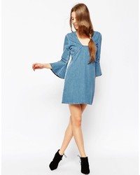 Asos Collection Denim Mini Shift Dress With Frill Sleeves In Lightwash Blue