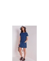 Missguided Pocket Detail Denim Dress Stonewash Blue