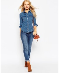 Asos Tall Denim Fitted Western Shirt In Mid Wash Blue