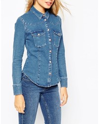 Asos Tall Denim Fitted Western Shirt In Mid Wash Blue