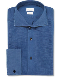 Brunello Cucinelli Blue Slim Fit Bib Front Denim Tuxedo Shirt