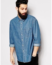 Asos Brand Denim Shirt In Long Sleeve With Oversized Fit And Vintage Mid Wash