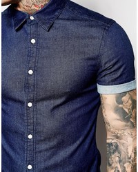 Asos Brand Skinny Denim Shirt With Short Sleeves In Rinse Wash