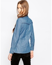 Asos Collection Denim Shirt With Embroidered Collar In Mid Wash