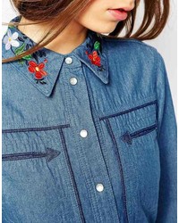 Asos Collection Denim Shirt With Embroidered Collar In Mid Wash