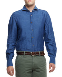 Brunello Cucinelli Denim Spread Collar Cotton Linen Shirt