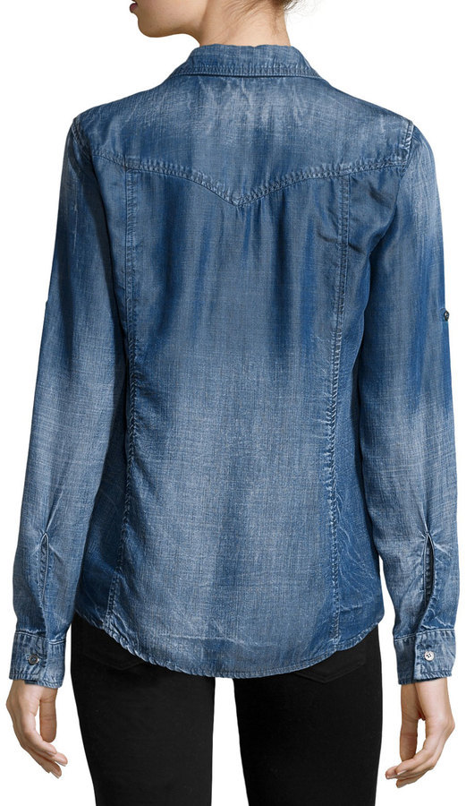 Bella Dahl Long Sleeve Distressed Denim Shirt Whisper Wash 119