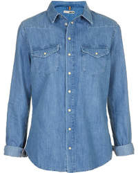 Topshop Moto Vintage Wash Fitted Shirt With Western Styling 2 Bust Pockets And Popper Buttons 100% Cotton Machine Washable