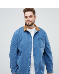 ASOS DESIGN Plus Overshirt In Heavy Denim With Cord Collar And Cuffs In Mid Wash