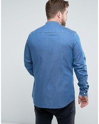 Asos Plus Skinny Denim Shirt With Grandad Collar In Mid Wash