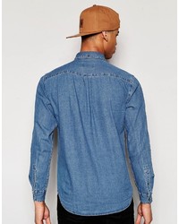 Pull&Bear Denim Shirt In Mid Wash Blue In Regular Fit