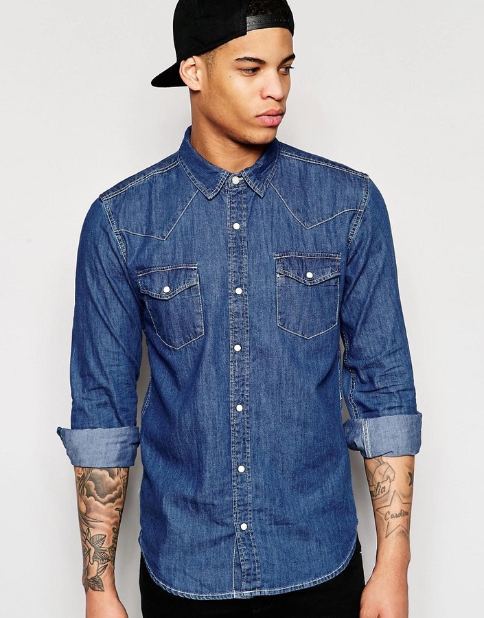 Pull&Bear Denim Shirt With Double Pocket Detail In Regular Fit, $26 ...