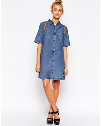 Asos Collection Denim Shirt Dress With Patch Pocket In Light Mid Wash
