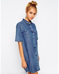 Asos Collection Denim Shirt Dress With Patch Pocket In Light Mid Wash